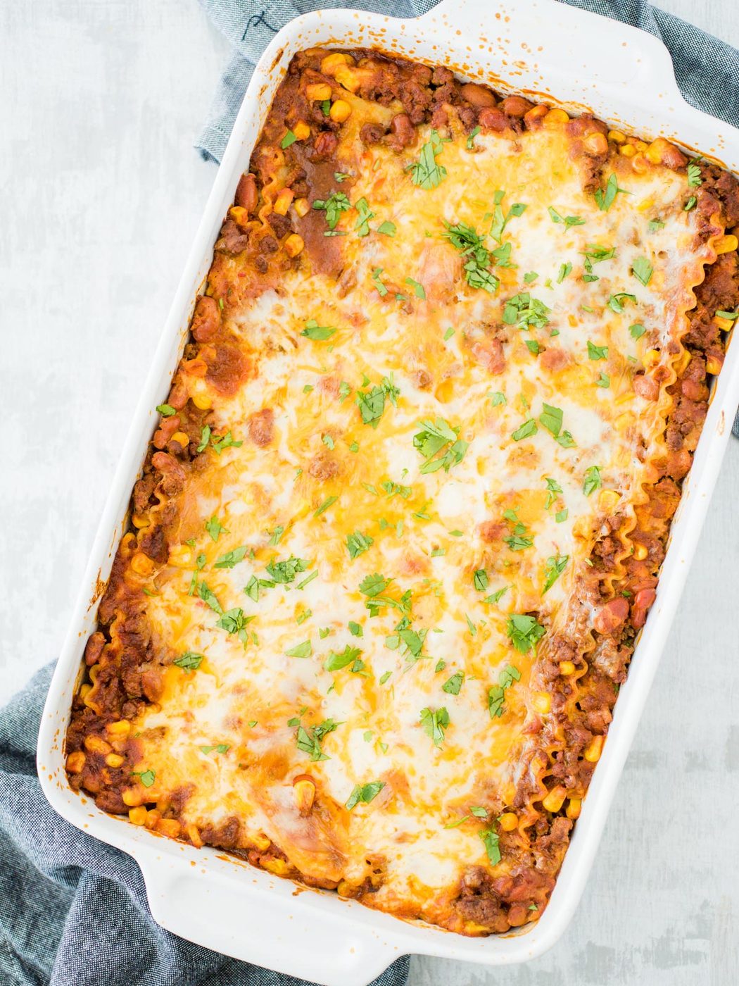 tex mex lasagna in a casserole dish