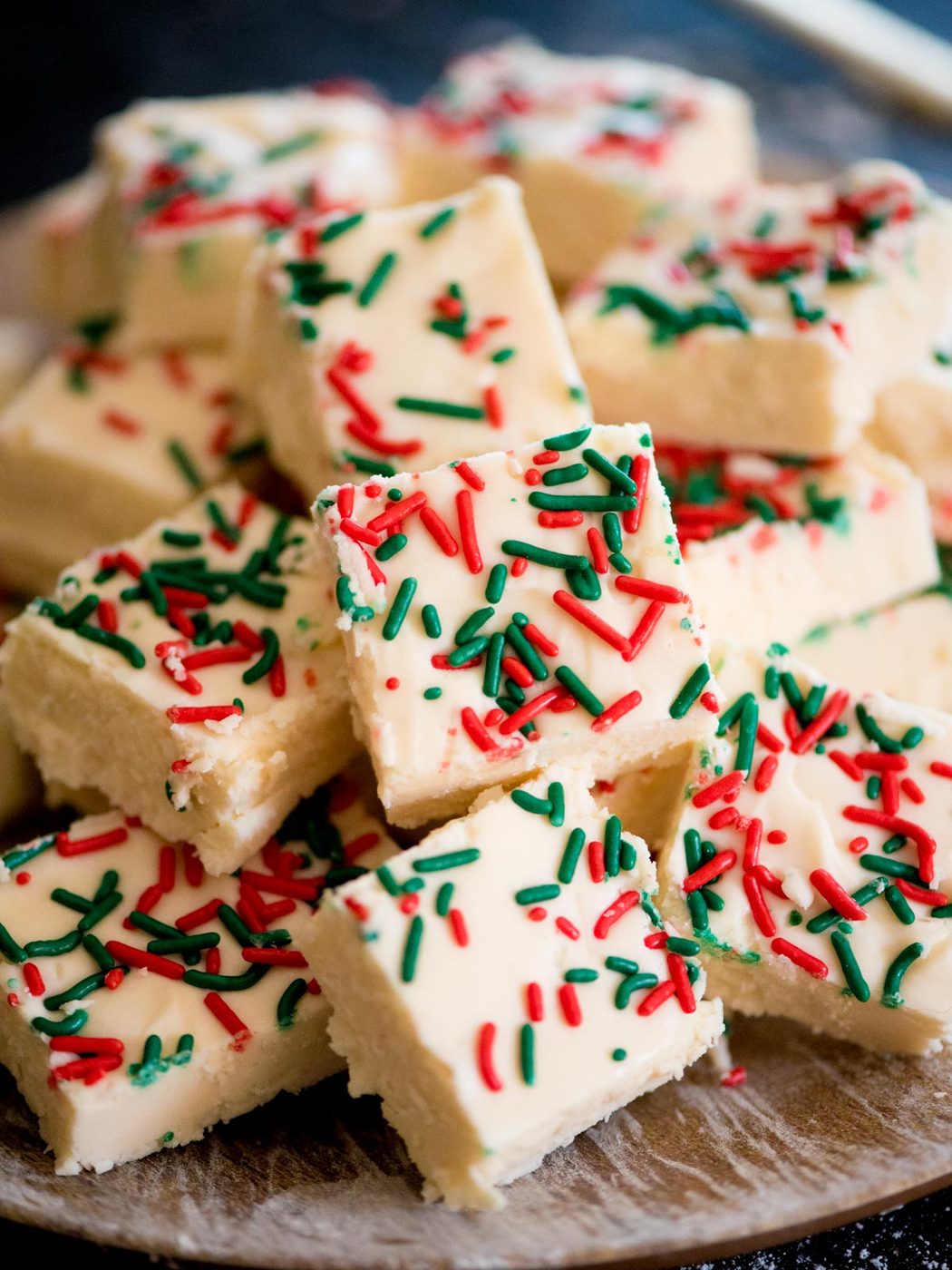 from-scratch vanilla fudge on a plate with sprinkles