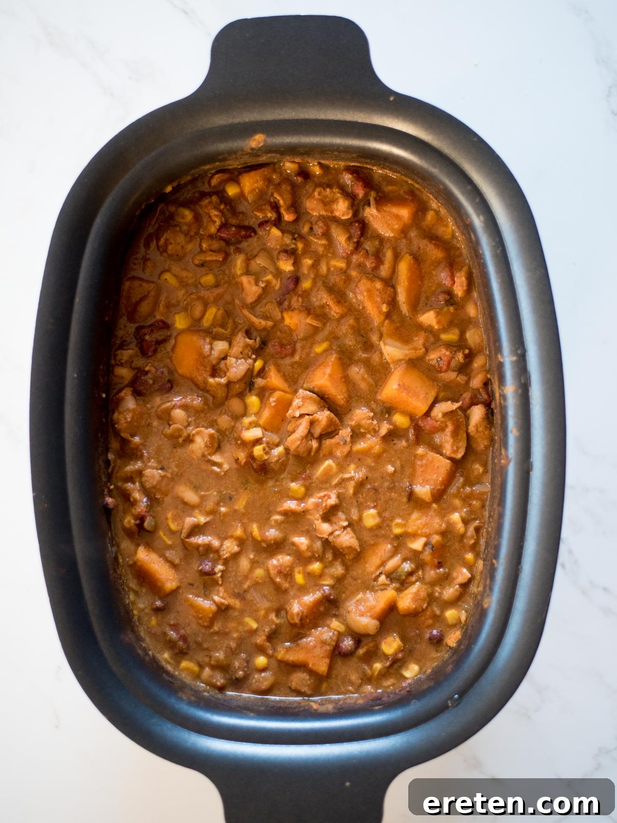 cooked chicken chili in a crockpot before serving