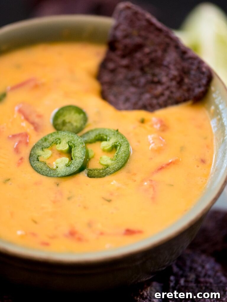 Ultimate Smoked Queso Dip 7 smoked queso in a bowl with jalapeno slices and a chip