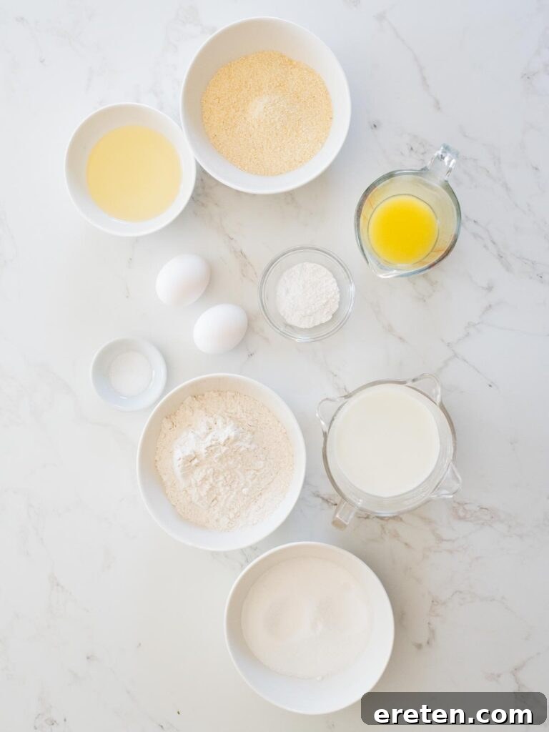 All the necessary ingredients neatly arranged for making a delicious cornbread recipe