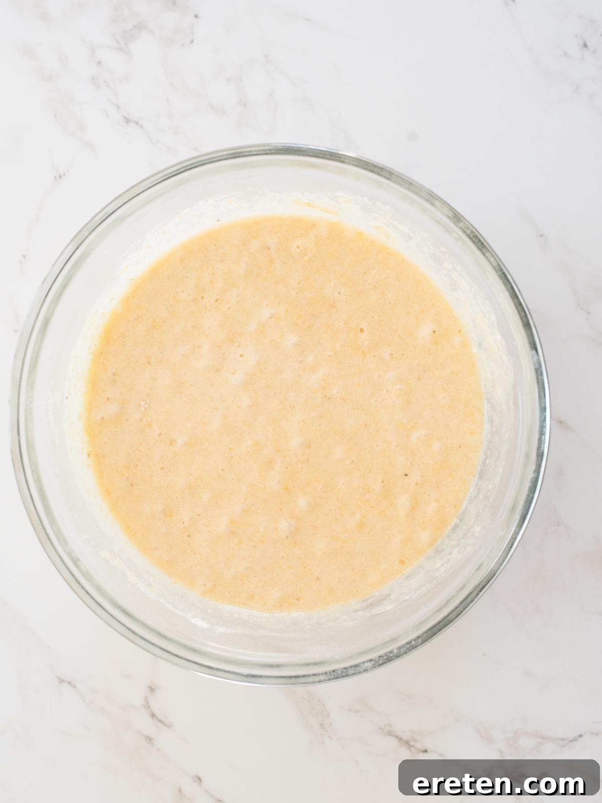 The combined cornbread batter, showcasing its consistency before baking