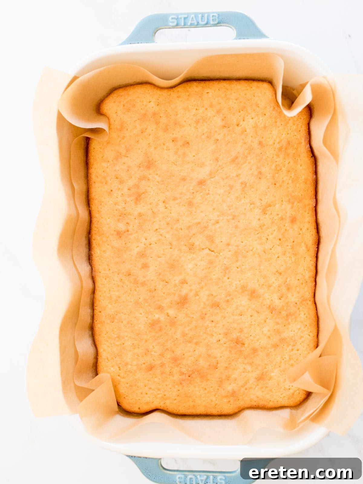 Freshly baked golden-brown cornbread in the baking dish, just out of the oven