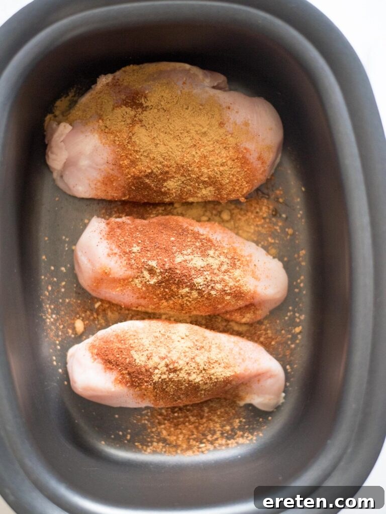 Chicken breasts seasoned generously with spices, forming the base of the chili in the slow cooker.