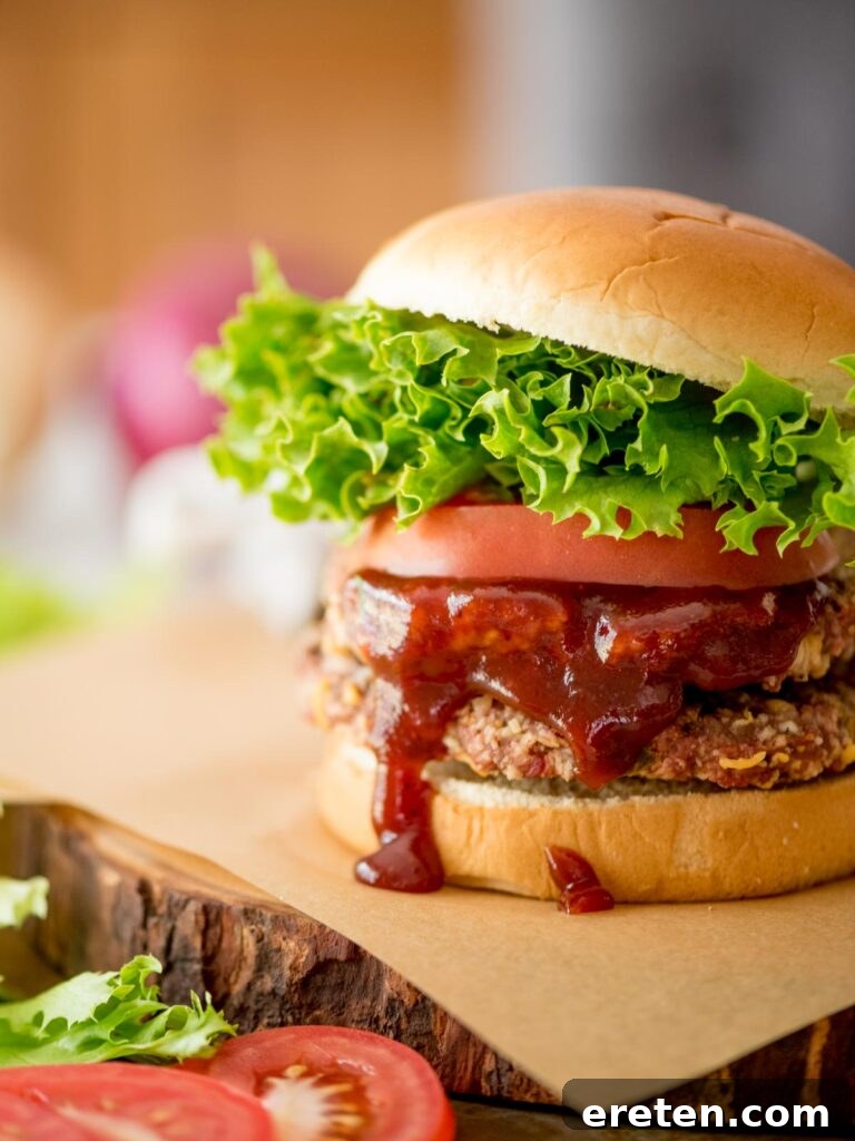 smoked burgers on a bun topped with tomatoes, lettuce, and bbq sauce