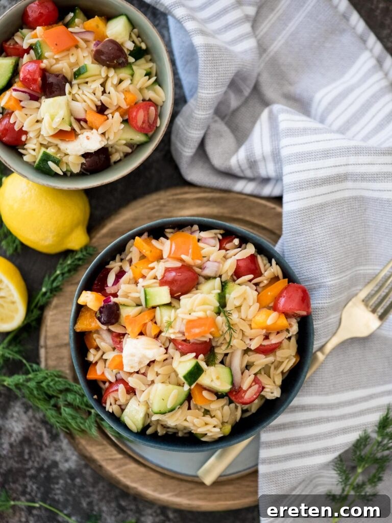 orzo pasta salad in a bowl topped with fresh dill