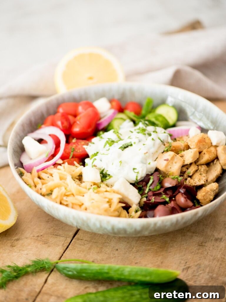 Greek Chicken Bowl surrounded by fresh cucumbers and dill, highlighting the main ingredients