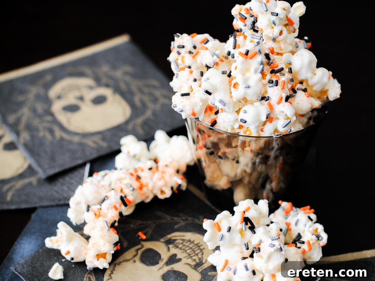 Fright Night Popcorn 2 A charming cup of Halloween popcorn adorned with sprinkles, resting on a skull napkin – perfect for spooky festivities.