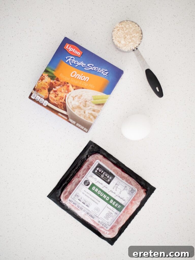 close-up view of the four essential ingredients for french onion meatballs: ground beef, a whole egg, a packet of onion soup mix, and panko breadcrumbs, neatly arranged on a kitchen surface