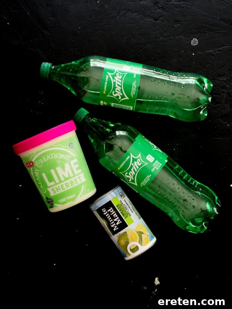 The three essential ingredients for making Bug Juice: a container of frozen limeade, a bottle of Sprite, and a pint of lime sherbet.