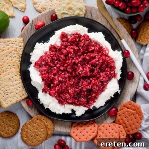 Top-down view of the finished Cranberry Jalapeño Dip, ready to be served.