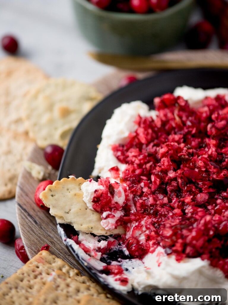 Sweet Heat Cranberry Jalapeño Dip 8 A beautifully presented cranberry jalapeno dip with whipped cream cheese, surrounded by an array of various crackers.