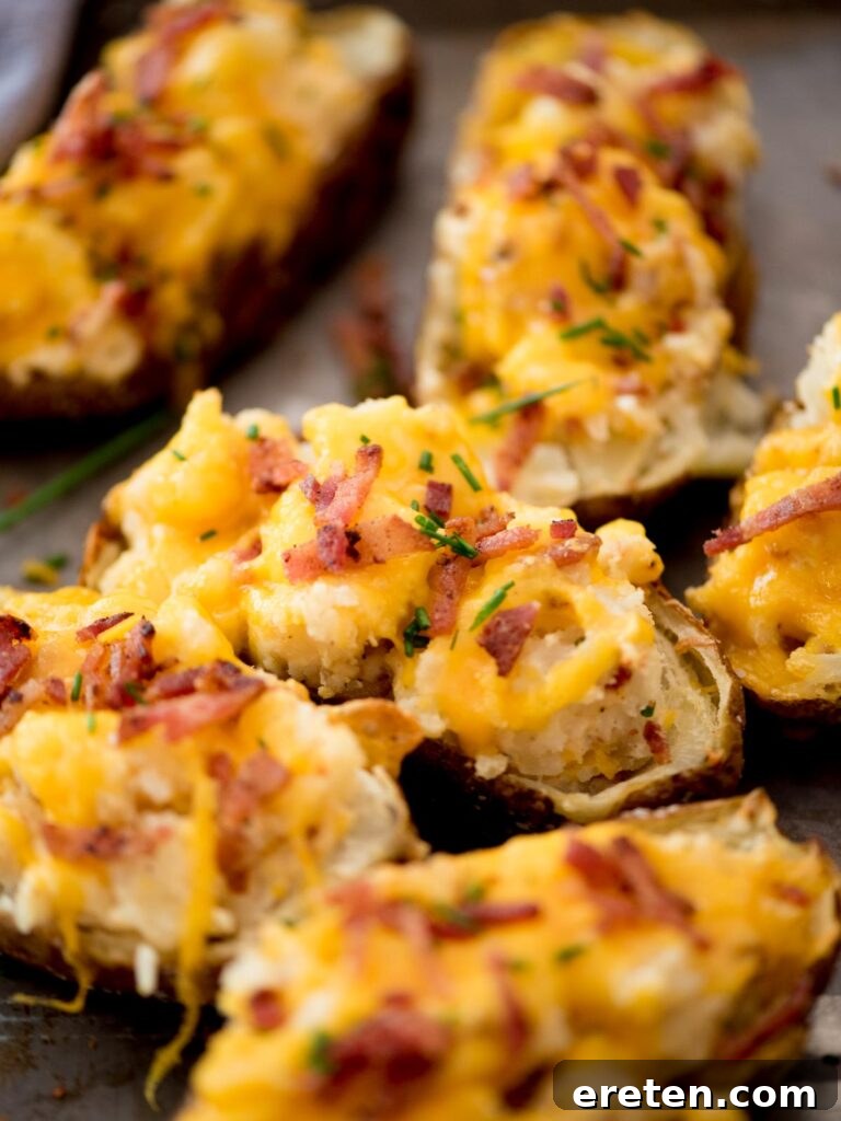 Close up view of twice baked potatoes prepared in the air fryer.