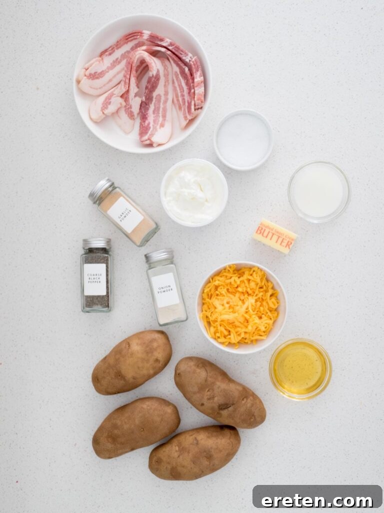 Ingredients needed to make twice baked potatoes.