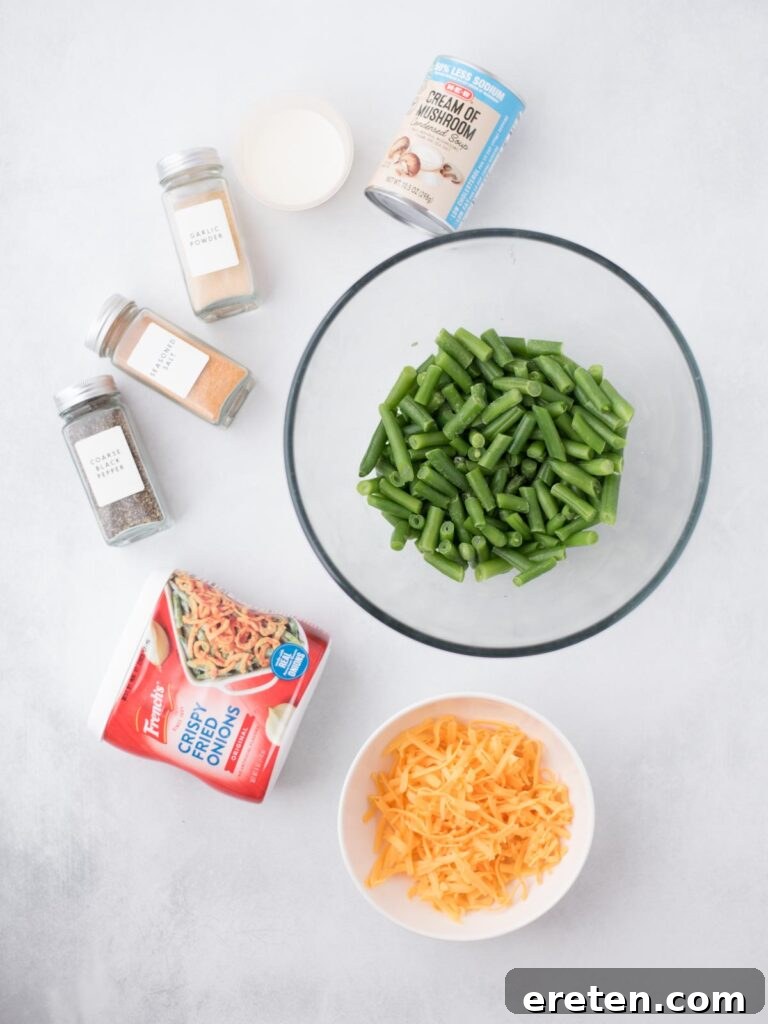 Ingredients needed to make air fryer green bean casserole.