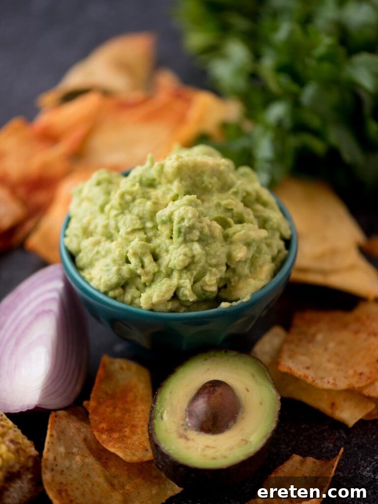 A delectable bowl of homemade four-ingredient guacamole, surrounded by crispy tortilla chips, a fresh avocado half, and thinly sliced red onion, inviting a delightful culinary experience.