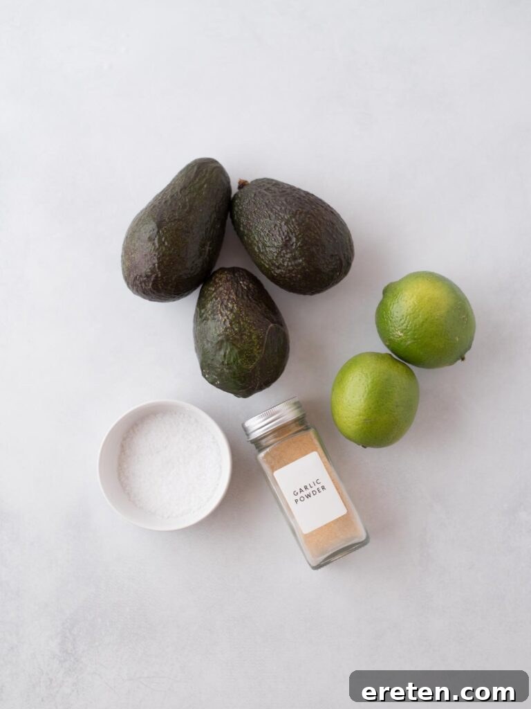 Essential ingredients for homemade four-ingredient guacamole laid out: ripe avocados, fresh limes, garlic powder, and coarse kosher salt.