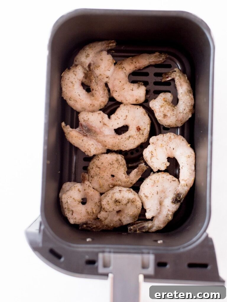 Crispy Air Fryer Frozen Shrimp 6 Frozen, seasoned shrimp neatly arranged in a single layer within the air fryer basket, ready for cooking.