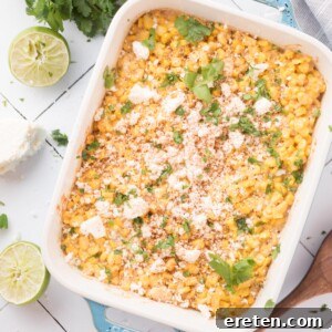 Fiesta Corn Bake 10 Baking dish of Mexican corn casserole with cotija cheese and cilantro on top.