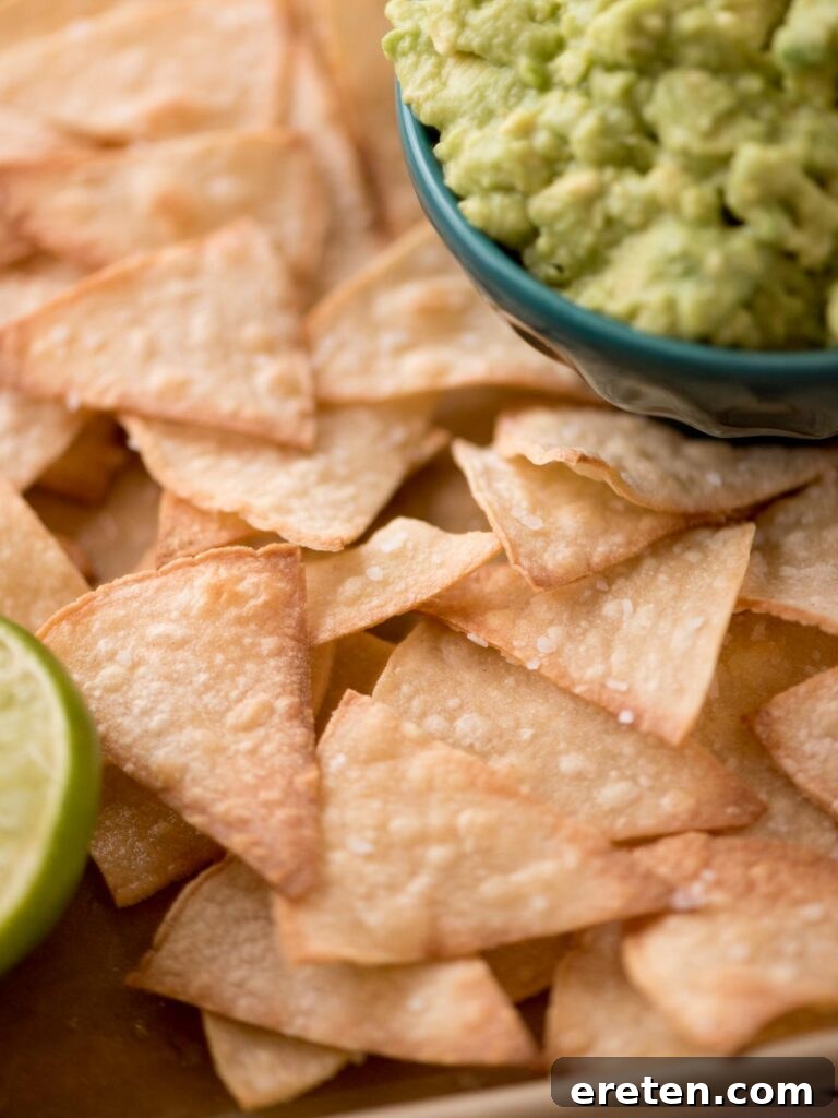 Partial view of a bowl of gucamole with some homemade baked tortilla chips.