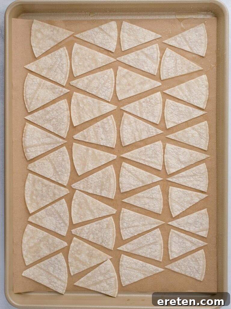 Corn tortillas cut into triangles and arranged on a sheet pan ready to bake.