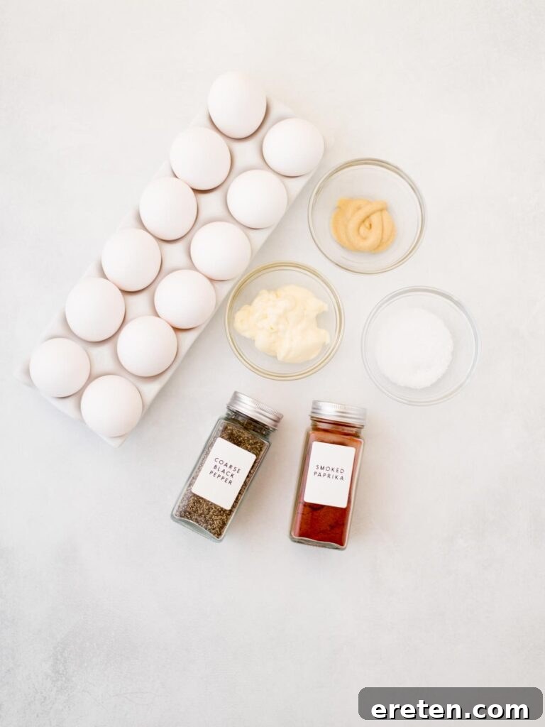 Ingredients shown are used to prepare Deviled eggs.