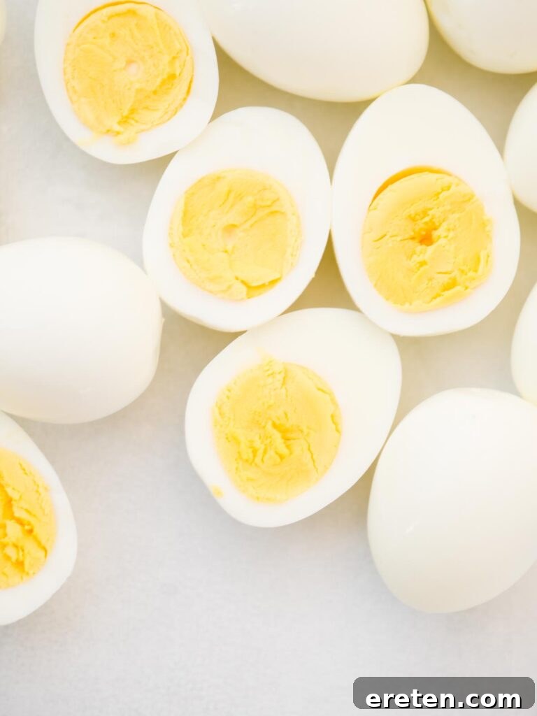 Halved hard boiled eggs.