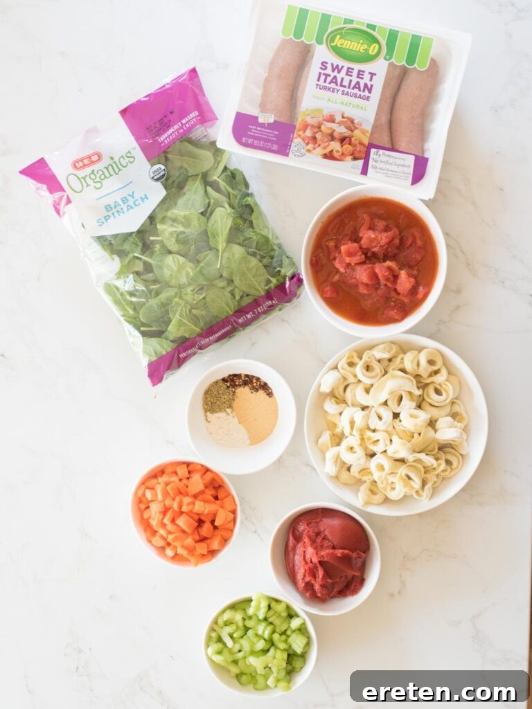 ingredients to make spinach tortellini soup