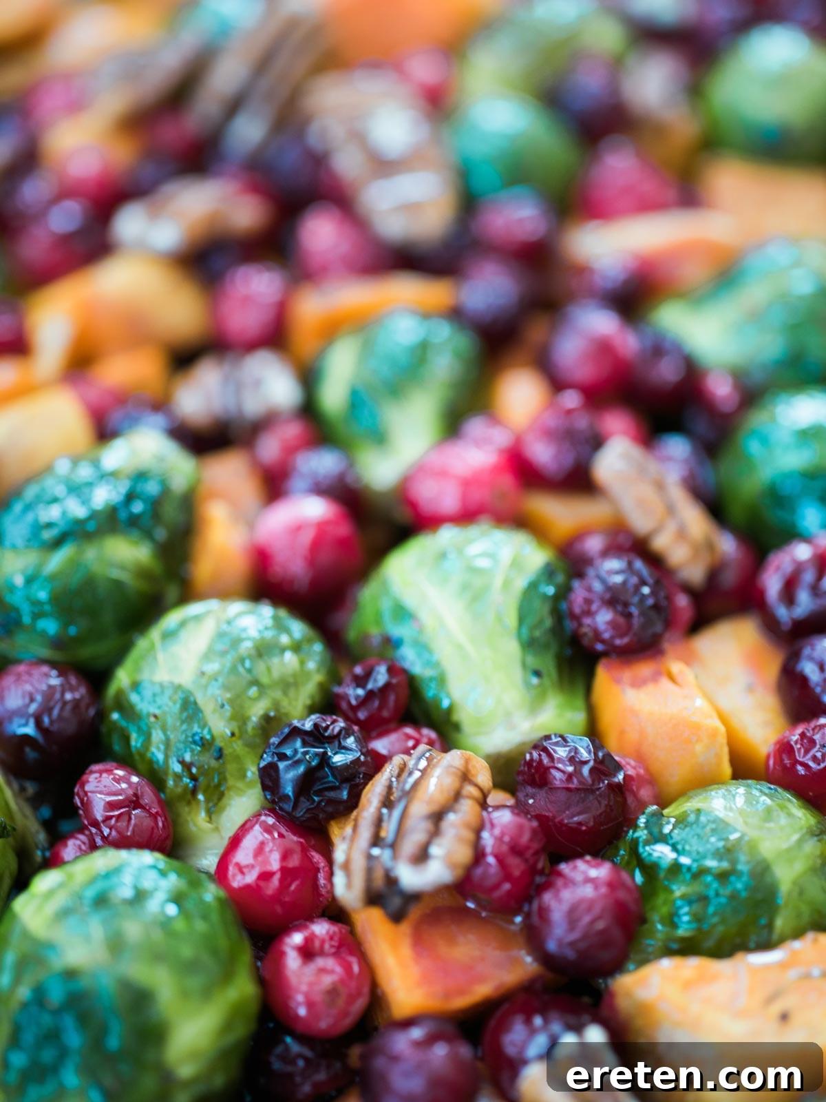 A serving of honey-roasted vegetables with cranberries and pecans in a white bowl, garnished with a sprig of rosemary.