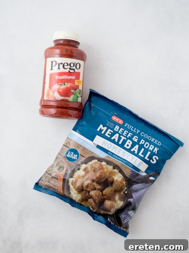 Pressure Cooker Frozen Meatballs 3 Bag of frozen meatballs and a jar of tomato sauce, essential ingredients for this quick meal.