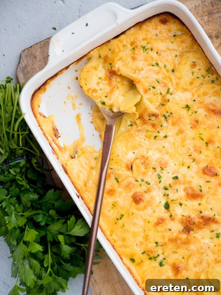 Cheesy au gratin potatoes in a baking dish with a serving spoon resting in it.