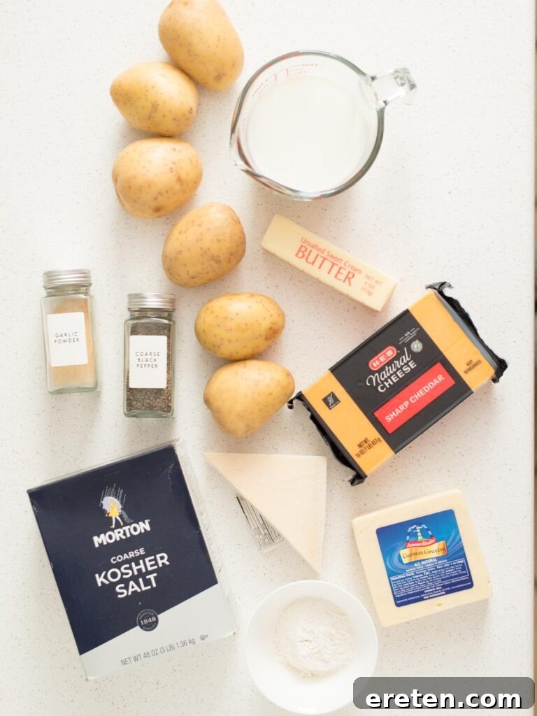 Ingredients shown are used to prepare cheesy au gratin potatoes.