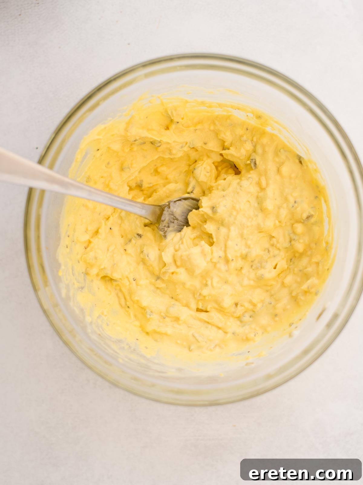 The finished deviled egg filling, ready to be piped back into the egg whites.