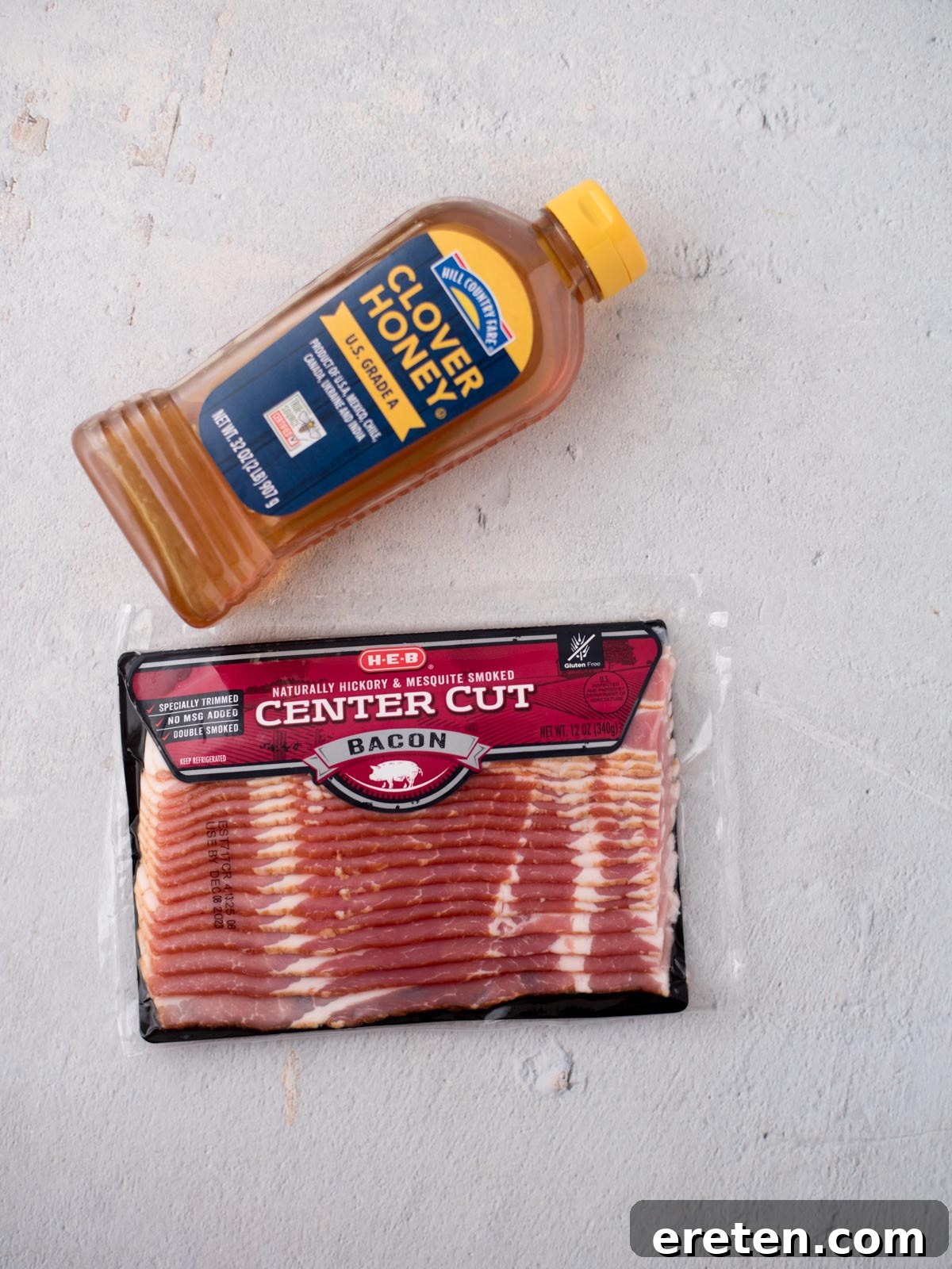 Golden Nectar Bacon 3 Ingredients shown are used to prepare honey bacon.