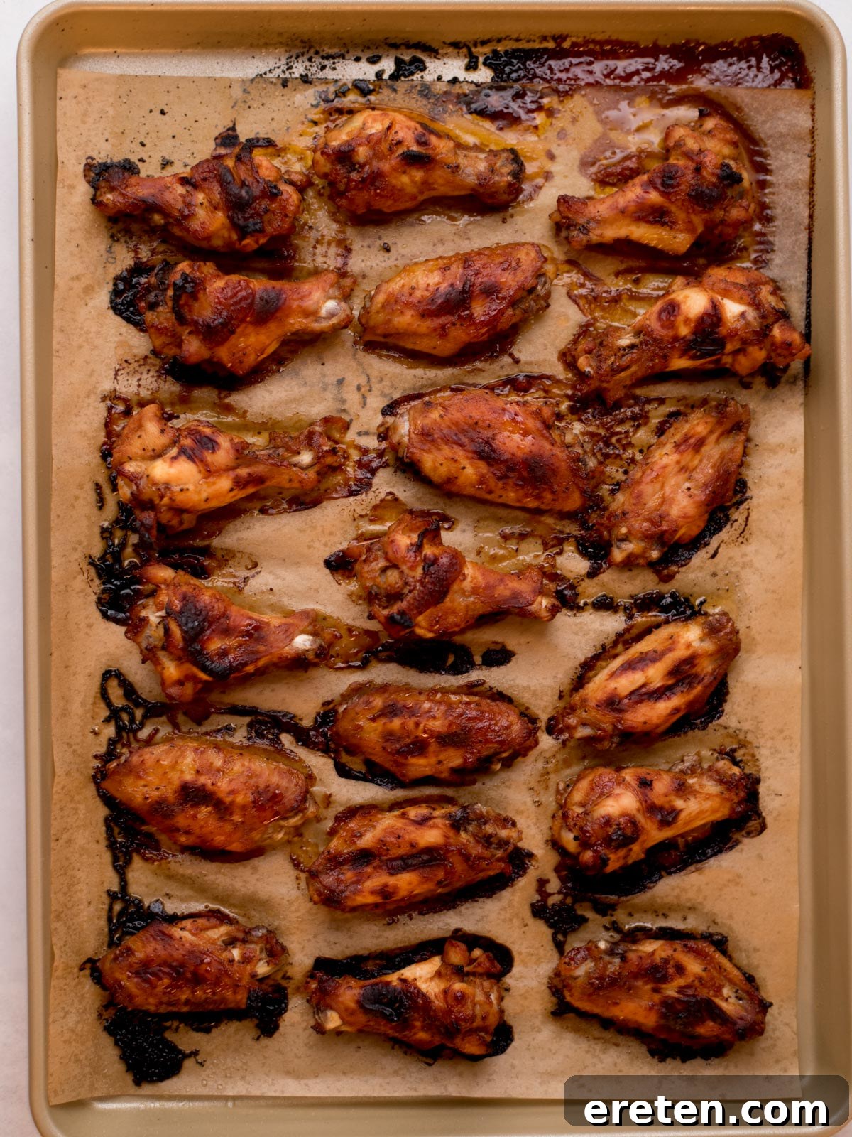 A batch of perfectly cooked BBQ chicken wings, with golden-brown, crispy skin and a delicious glazed coating, resting on a parchment-lined baking sheet fresh out of the oven.