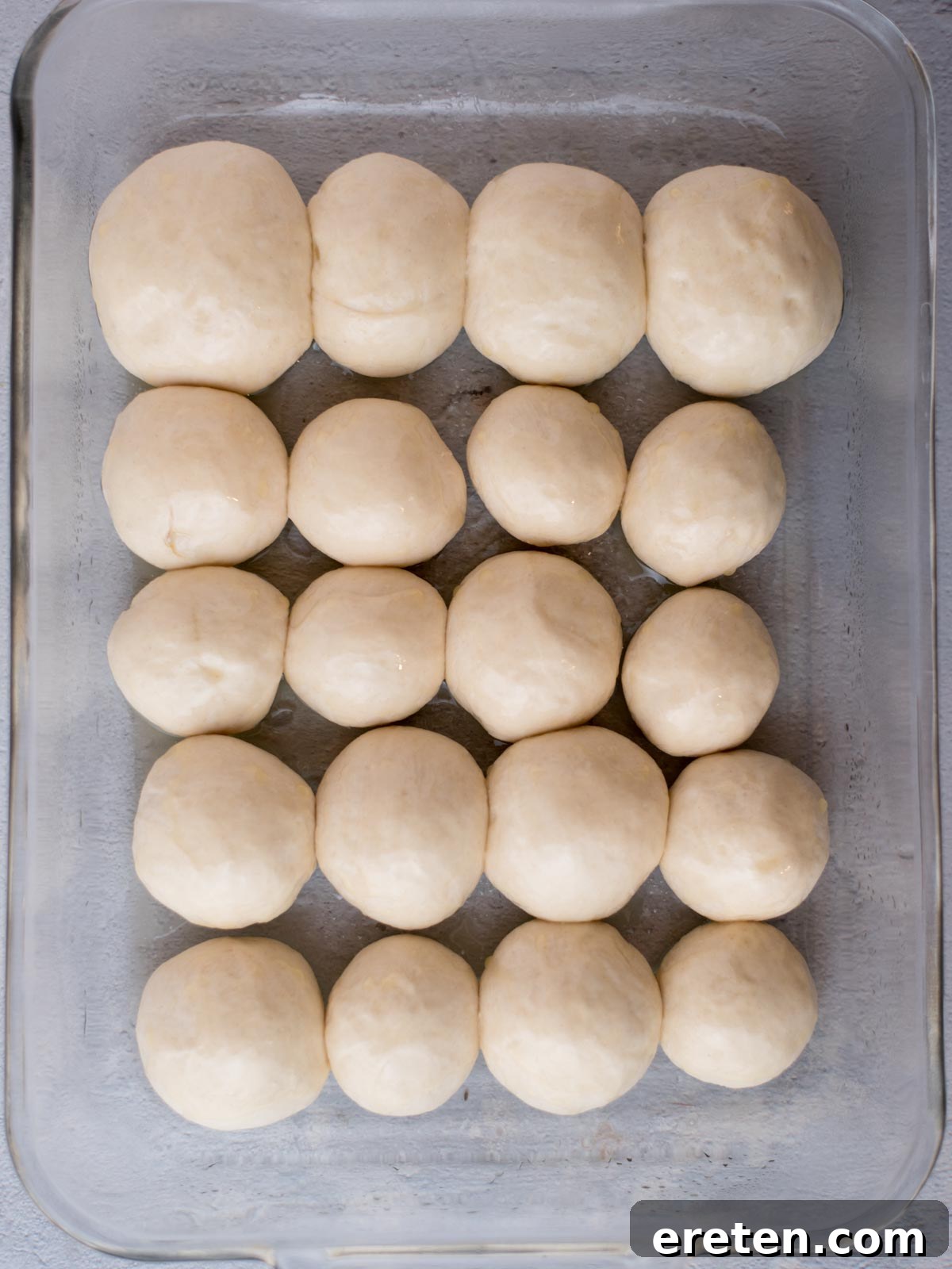 Twenty perfectly shaped yeast rolls nestled closely in a greased 9x13 inch baking dish, ready for their final rise and baking.