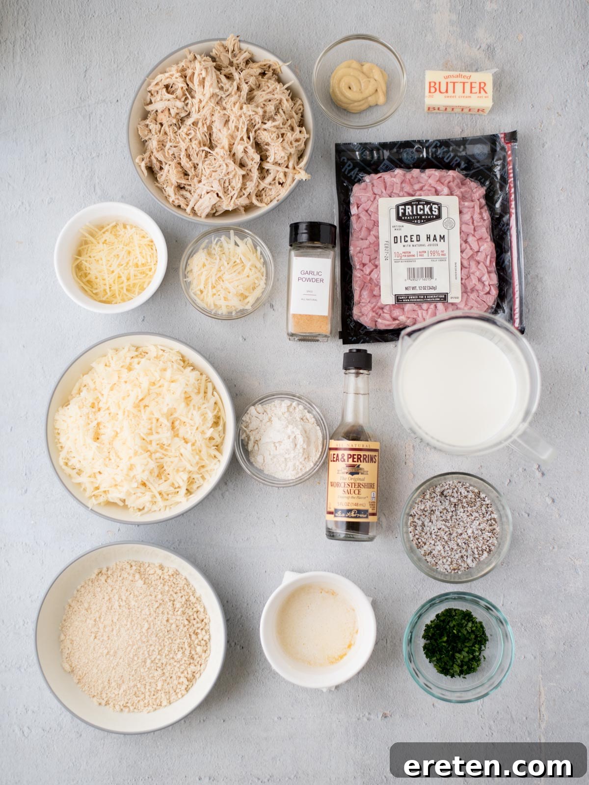 Ingredients to make chicken cordon bleu casserole