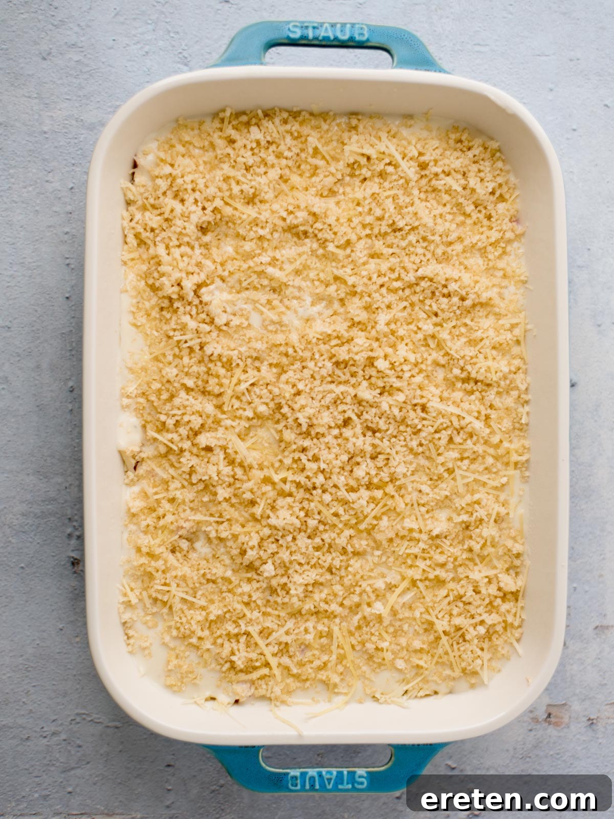 unbaked, but assembled chicken cordon bleu casserole in a baking dish