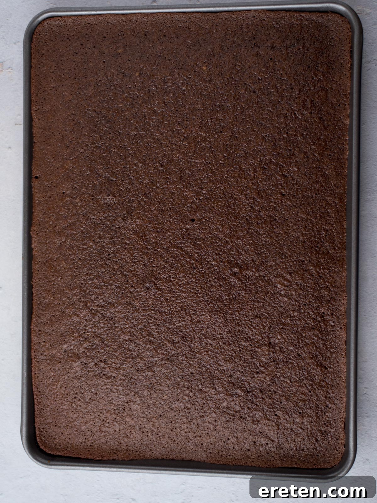 A freshly baked Texas Sheet Cake, still in the baking sheet, with a beautiful dark brown crust and a slightly puffed texture, cooling before frosting.