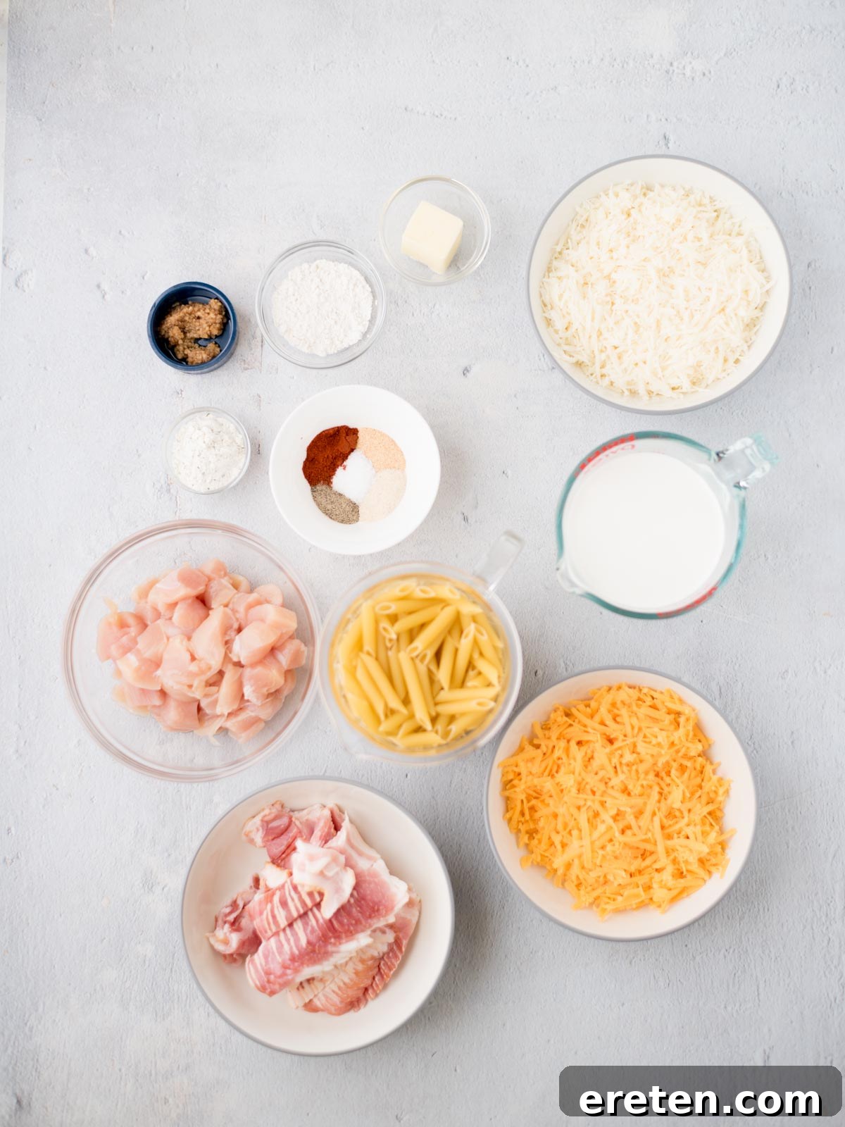 Ingredients shown are used to prepare chicken bacon ranch pasta.