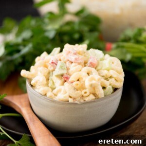 Macaroni salad in a grey bowl surrounded by a serving spoon and fresh parsley.