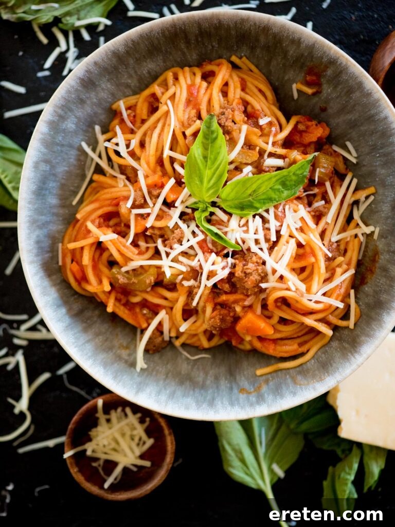 Hearty Instant Pot Spaghetti with Savory Meat Sauce 2 Instant Pot spaghetti topped with fresh basil and shredded parmesan