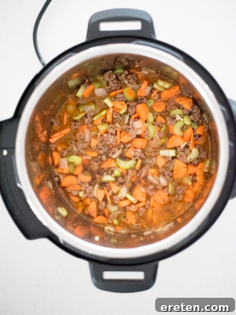 Hearty Instant Pot Spaghetti with Savory Meat Sauce 5 Broth added to the Instant Pot to make Instant Pot spaghetti with meat sauce
