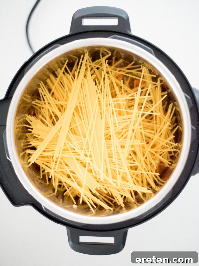 Hearty Instant Pot Spaghetti with Savory Meat Sauce 6 Spaghetti pasta added to Instant Pot before cooking