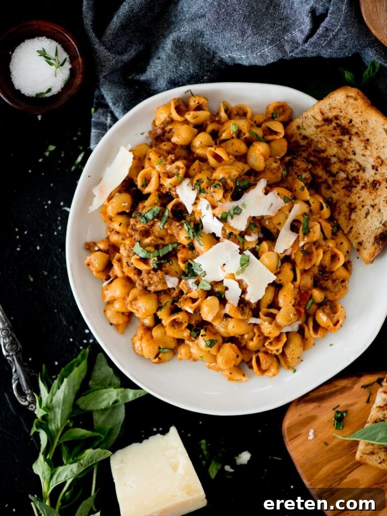 Homemade Instant Pot Cheeseburger Mac 2 Instant Pot Ground Beef and Pasta with basil and shaved parmesan