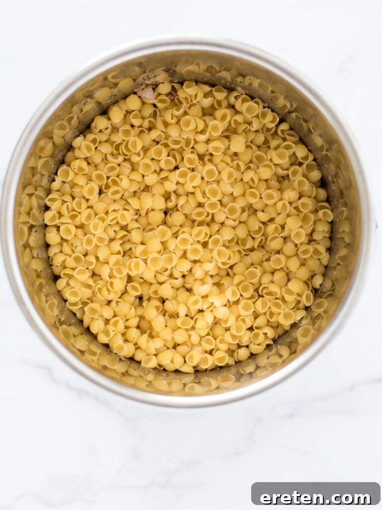 Homemade Instant Pot Cheeseburger Mac 6 pasta added to instant pot