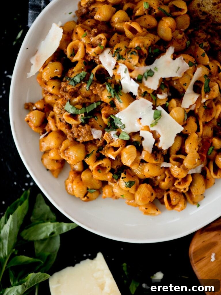 Homemade Instant Pot Cheeseburger Mac 10 Instant Pot Ground Beef and Pasta with basil and shaved parmesan