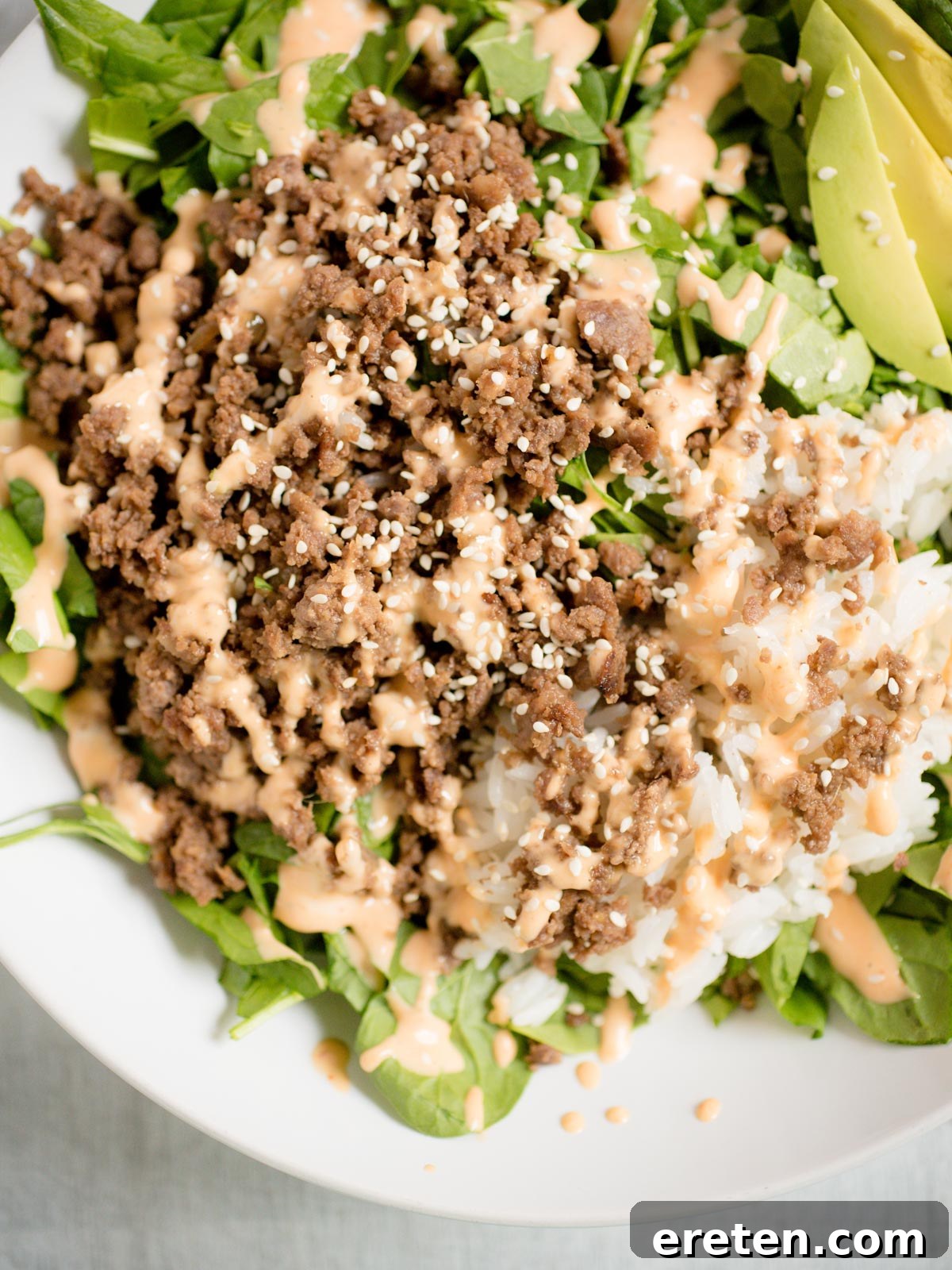 korean beef bowl in white bowl