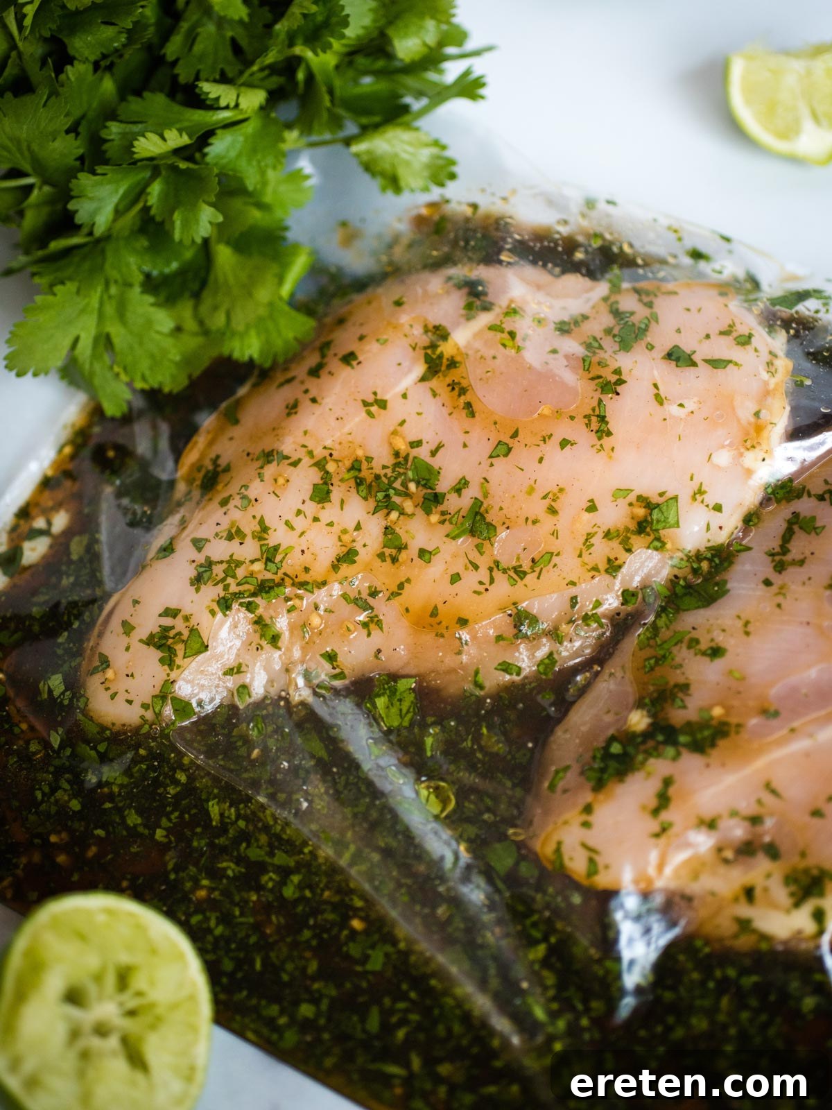 Marinated raw chicken breasts in a clear food storage bag, ready for grilling.