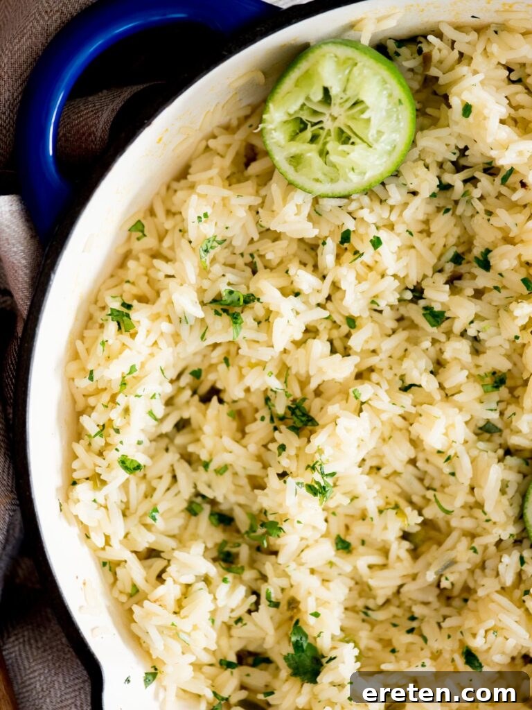 chili lime rice in a skillet topped with cilantro
